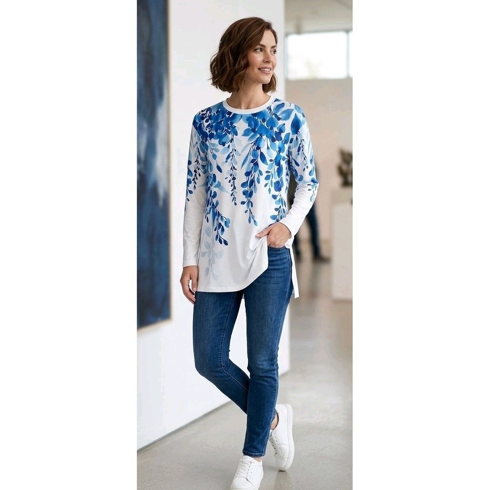 Ethereal Blue Wisteria Long Sleeve Tunic Top Women Med Watercolor Inspired Airy